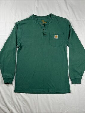Carhartt Henley Long Sleeve Shirt Mens Small Green Pocket Logo